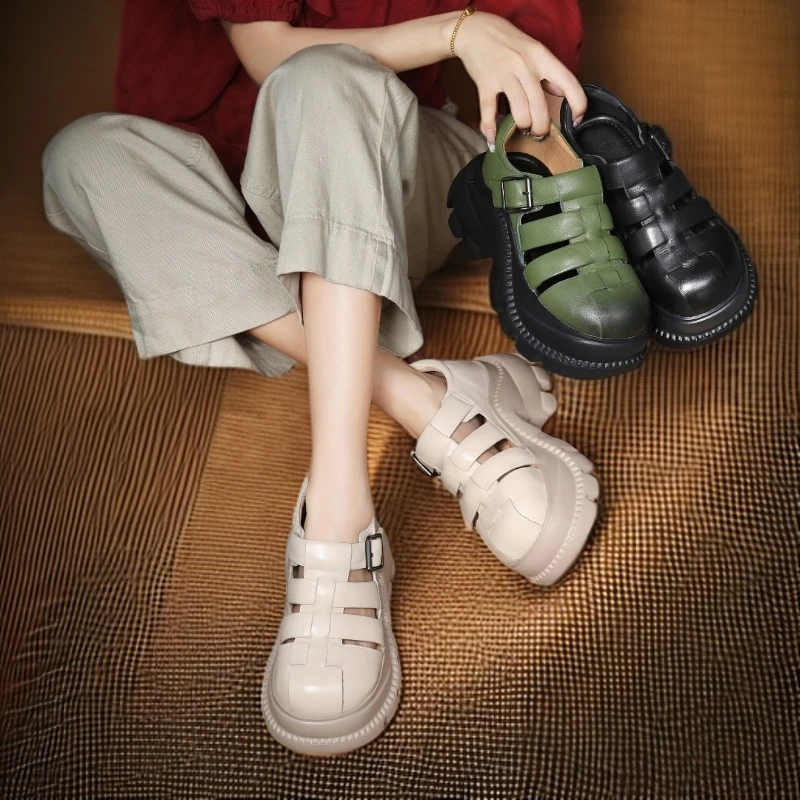 亭亭玉立56269小众风松糕跟底头层牛皮凉鞋舒适编织透气复古女鞋