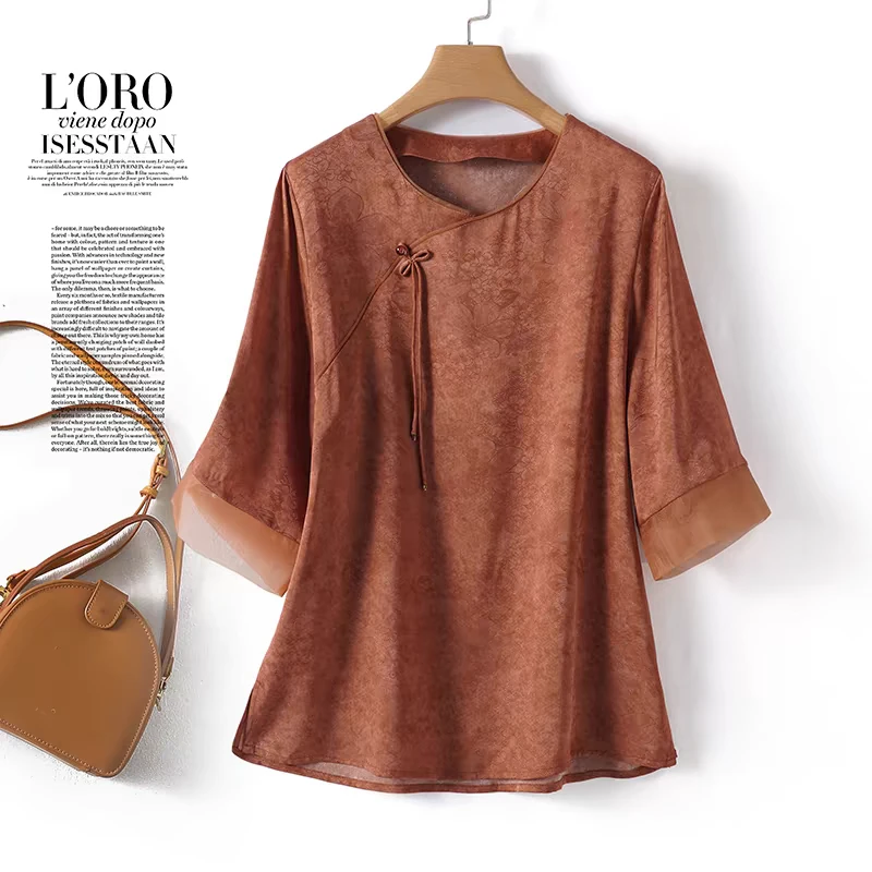 2025夏新款真丝香云纱盘扣短袖上衣女新中式国风小衫圆领衬衫提花