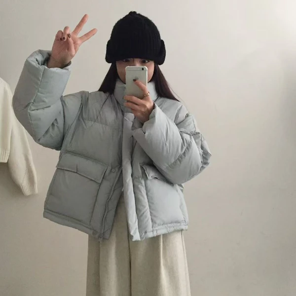 2401韩系冬季保暖时尚韩版短款大口袋90白鸭绒羽绒服