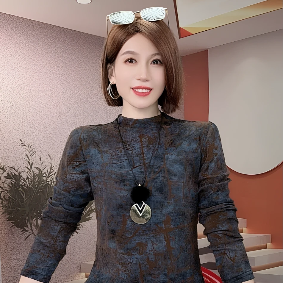 水墨画半高领网纱上衣2025秋长袖打底衫内搭减龄洋气T恤小衫显瘦