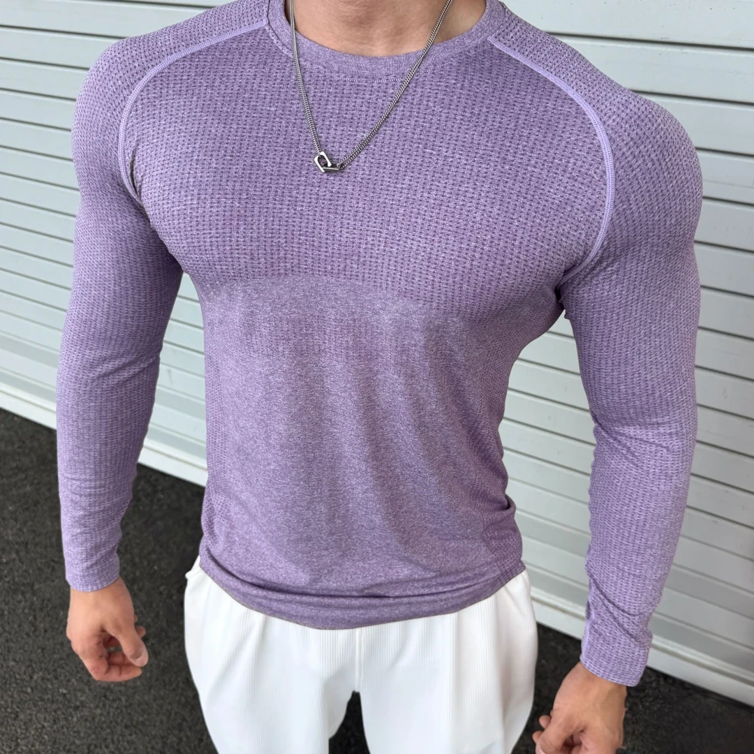 美式无缝提花运动长袖夏季纯色速干训练健身弹力修身圆领上衣T恤