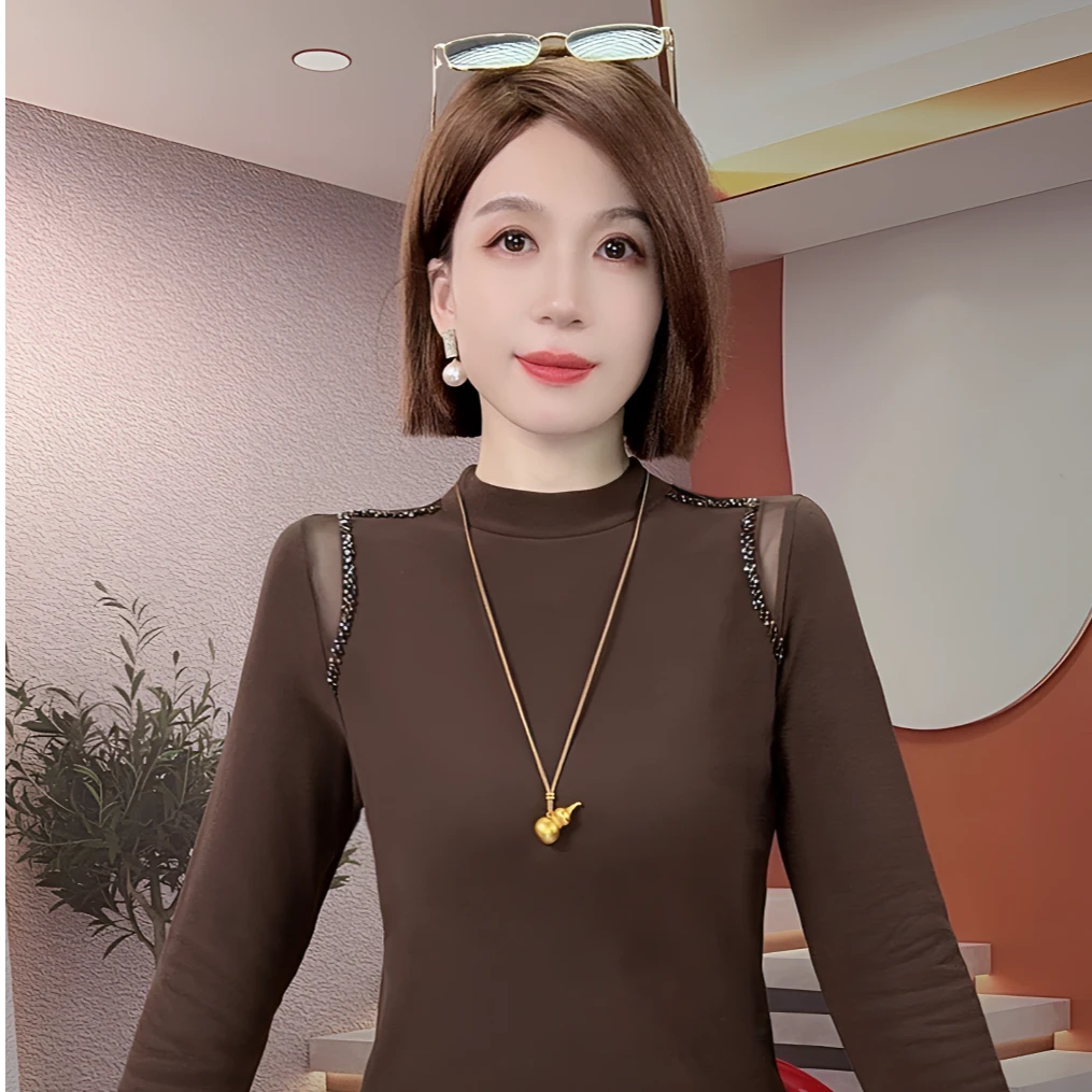 黑色高领长袖打底衫女秋季2025年新款修身显瘦肩膀镂空设计感上衣