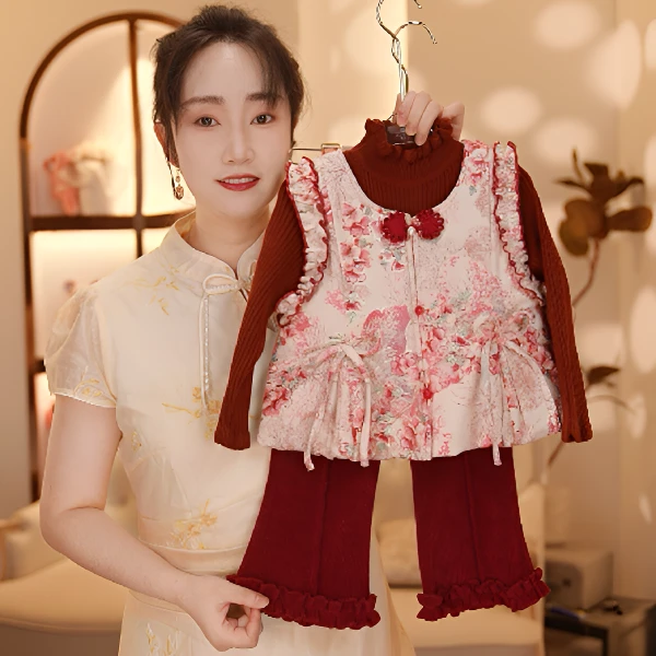 【Y.g7726】2025秋季新款女童国风加绒复古女宝重工长裤套装中式