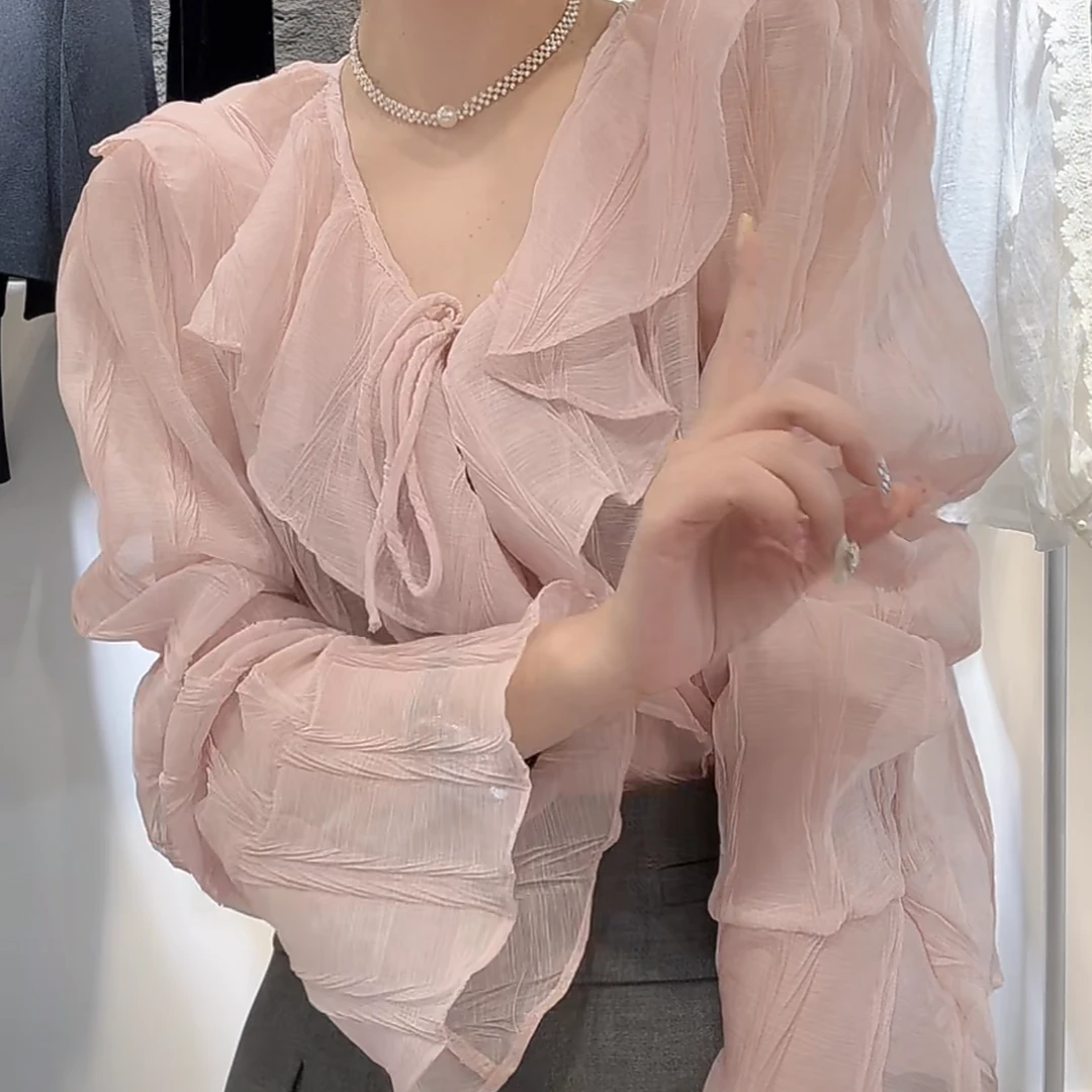 设计感荷叶边衬衫女2025新款春夏时尚气质V领法式上衣长袖衬衣