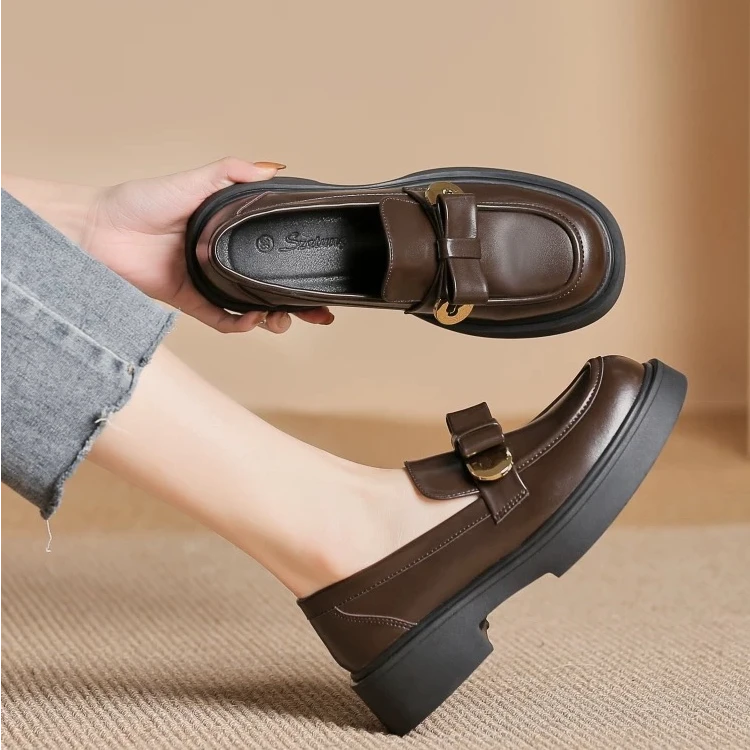 8858-5新款厚底乐福鞋女2025年春秋季新款蝴蝶结英伦风一脚蹬