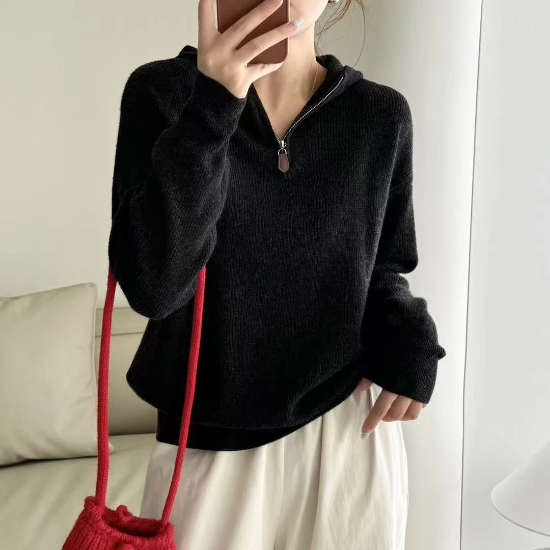 韩系通勤日常半拉链帽子衫羊毛衫8632