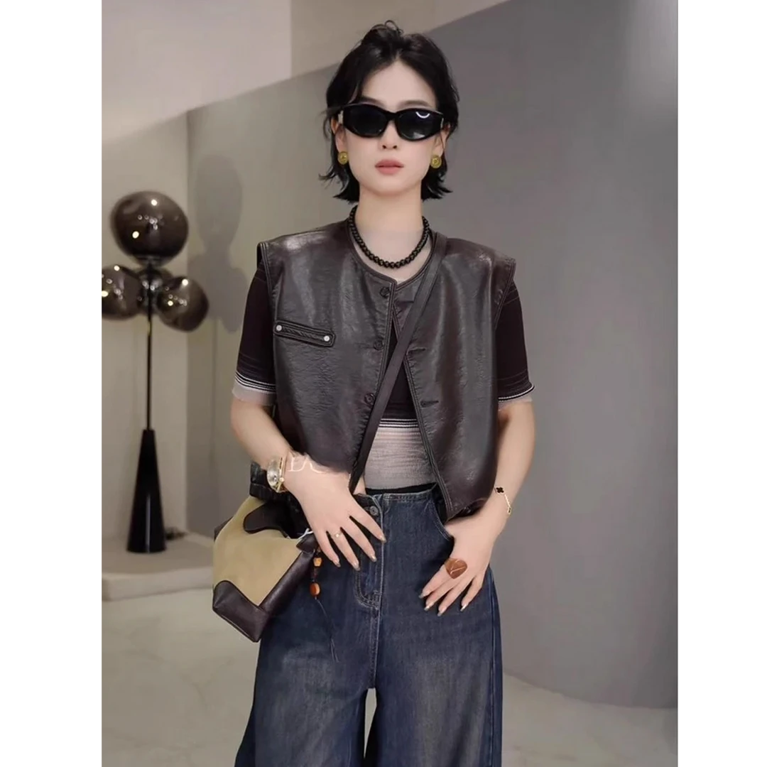 气质简约机车马甲背心女秋季宽松休闲无袖叠穿小上衣亚麻套装女