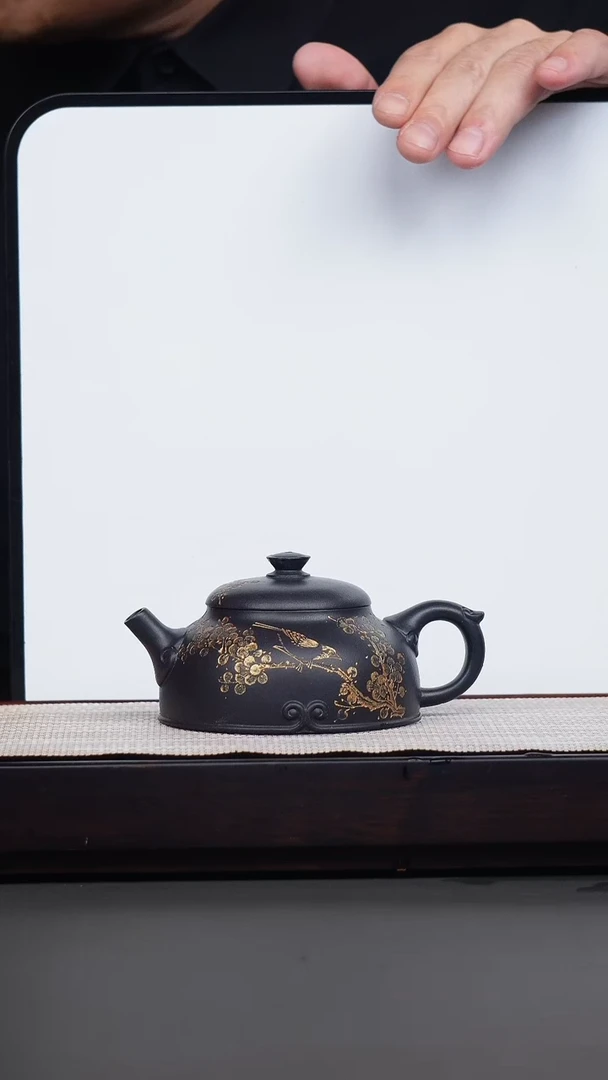 茶壶紫砂黑泥描金如意笠帽