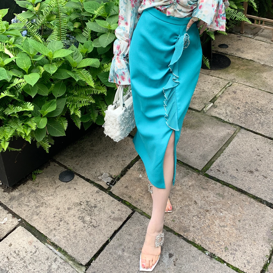 BeQueenStory【莱茵海岸】法式轻奢气质时尚蓝色开叉高腰半身裙