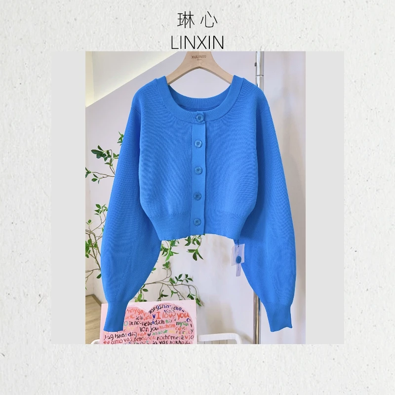 丨早秋时尚简约纯色克莱因蓝长袖针织开衫 8440