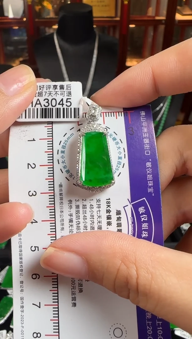 颈饰18K金镶嵌翡翠HA3045冰辣绿无事牌