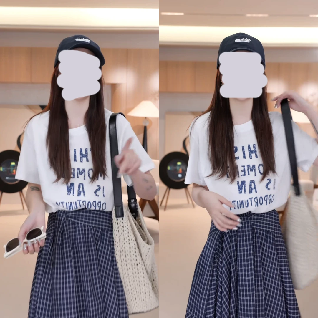 慵懒风时尚通勤套装女扭结字母t恤夏季不规则格子半身裙两件套