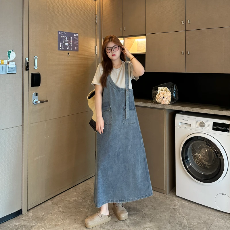 南岛风大码女装复古港风夏季胖mm显瘦牛仔假两件背带连衣裙ZYY757