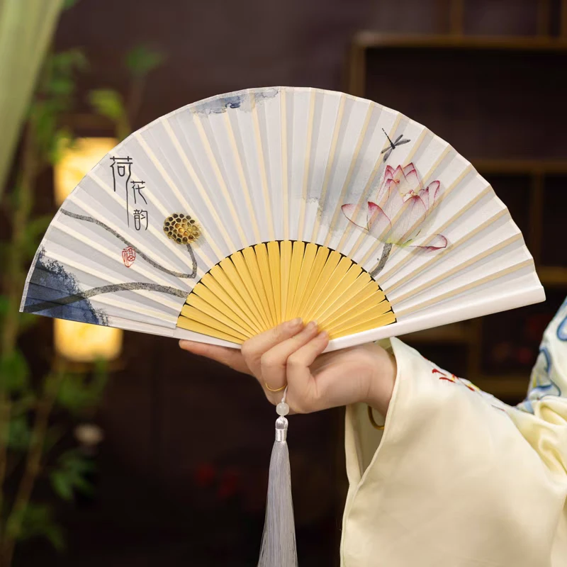 夏季扇子折扇女式古风复古中国风茉莉荷花随身折叠扇汉服礼品扇