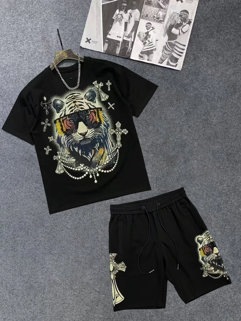 12056#-57#潮牌墨镜老虎烫钻点钻重工袖T恤潮宽松韩版落肩半袖t恤