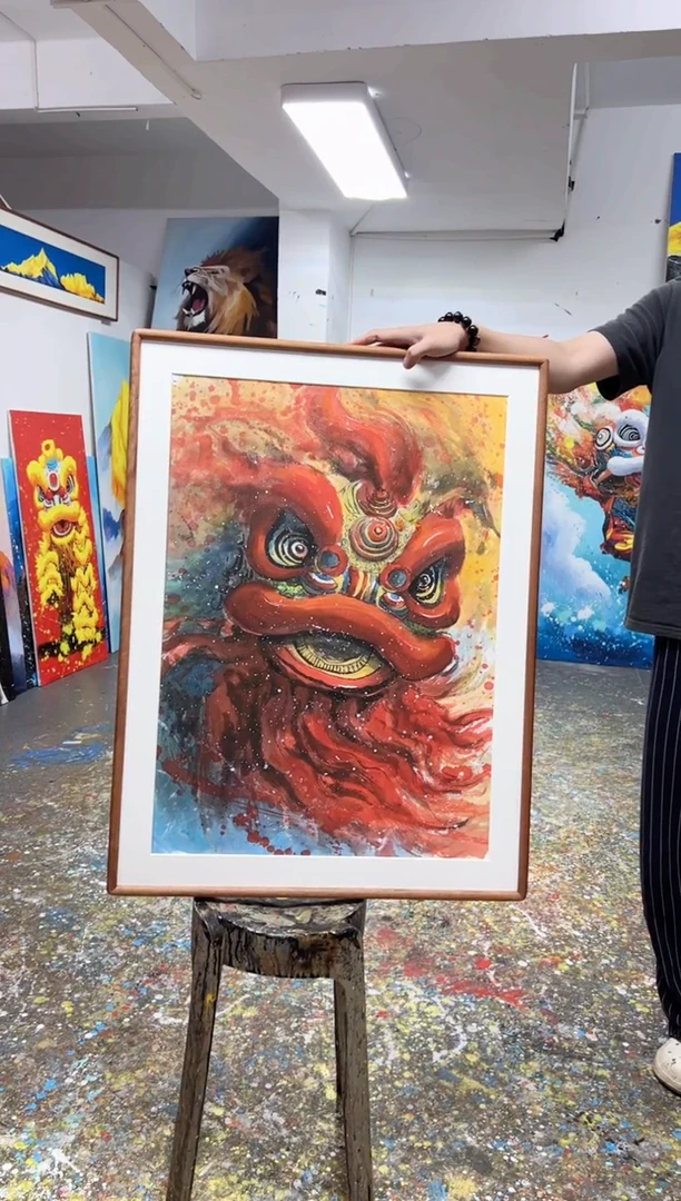 丙烯画H****豪冯老师实木精装裱朱砂醒狮