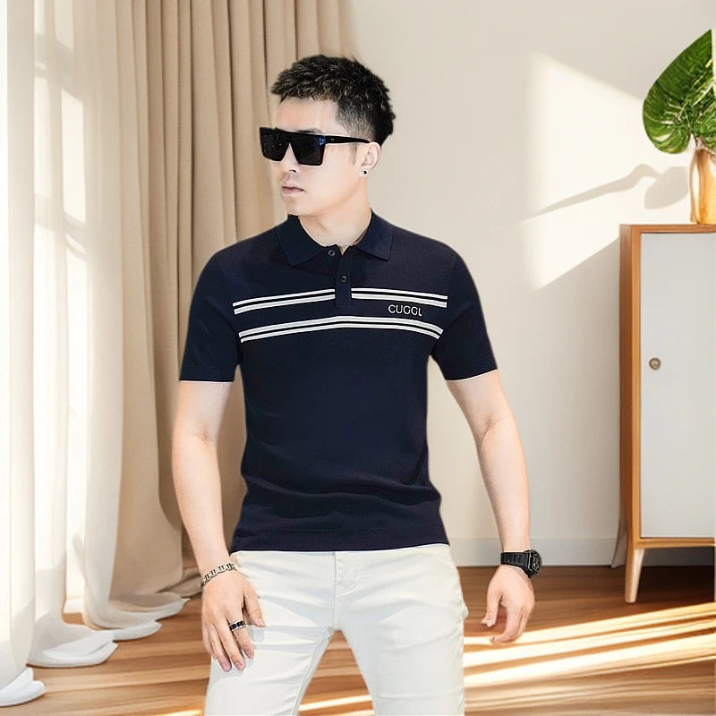 男士针织短袖T恤超薄凉感潮流时尚休闲翻领高端轻奢半袖体恤衫t恤