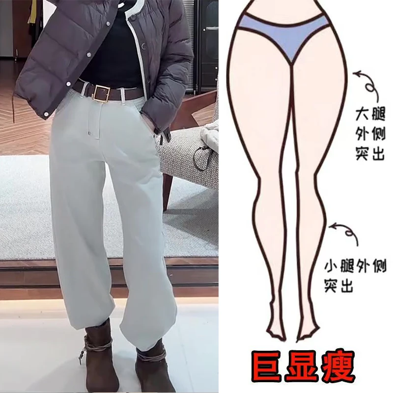 冬季新款美式时尚加绒简约设计通勤风遮肉显瘦高腰宽松直筒牛仔裤