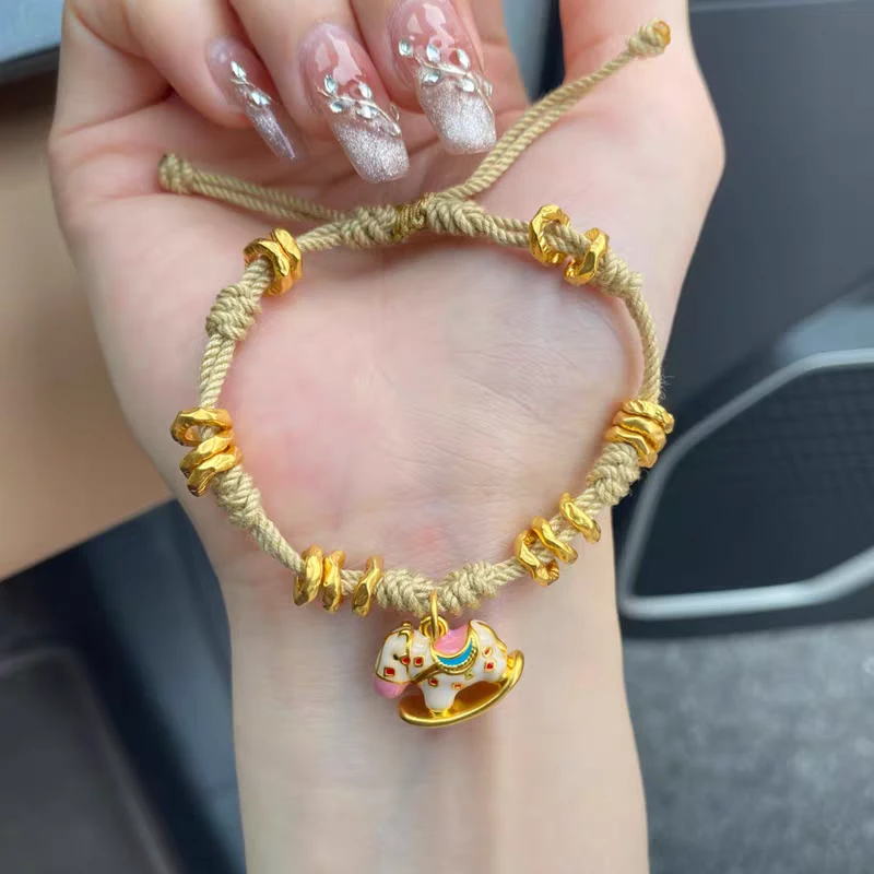 瑞诺黄金烧蓝木马盘缠棉绳手链足金999编织手绳生日礼物送女友