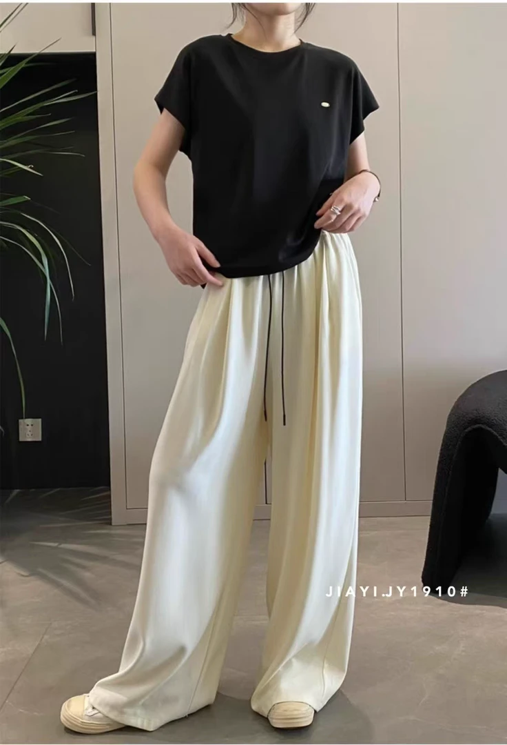 2025春夏新款高腰松紧腰抽绳西裤显瘦阔腿裤垂感拖地长裤直筒