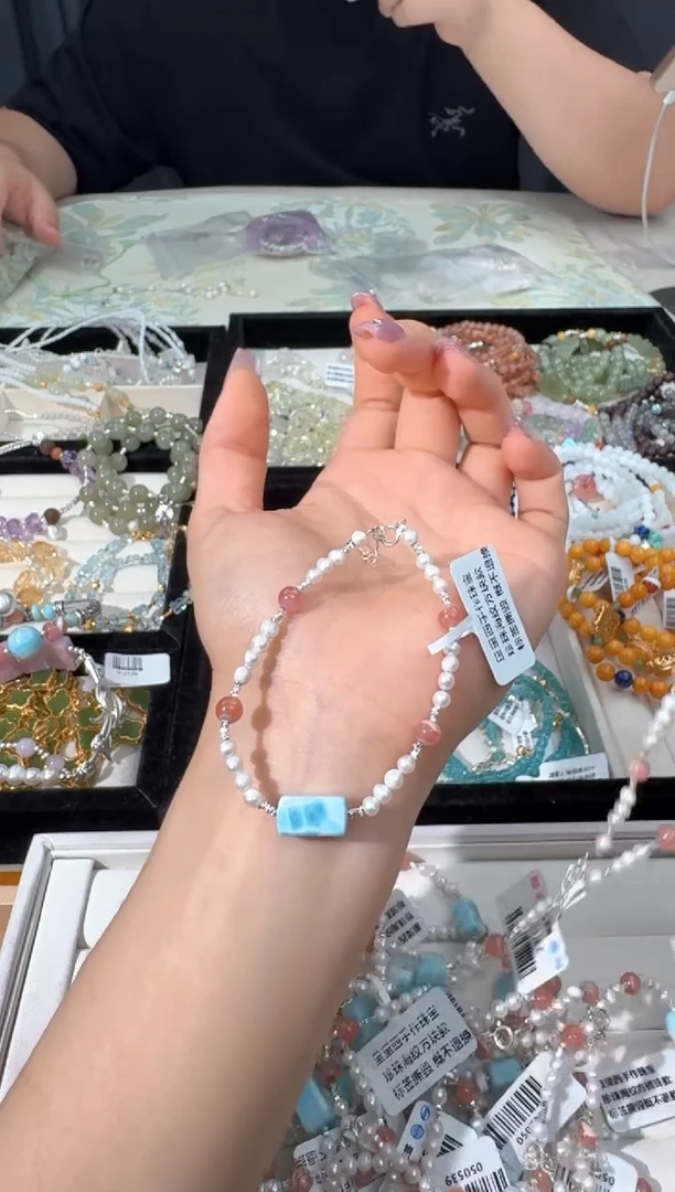 水晶手链银S925镶嵌I019珍珠红纹海纹方块