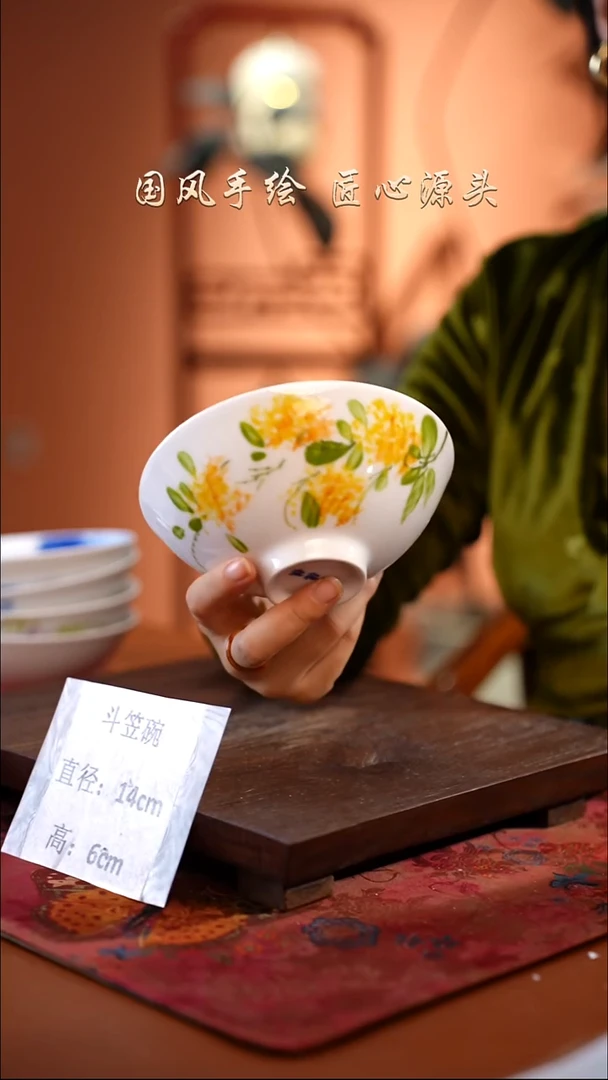 陶瓷景德镇高温釉中彩斗笠碗直径14高6