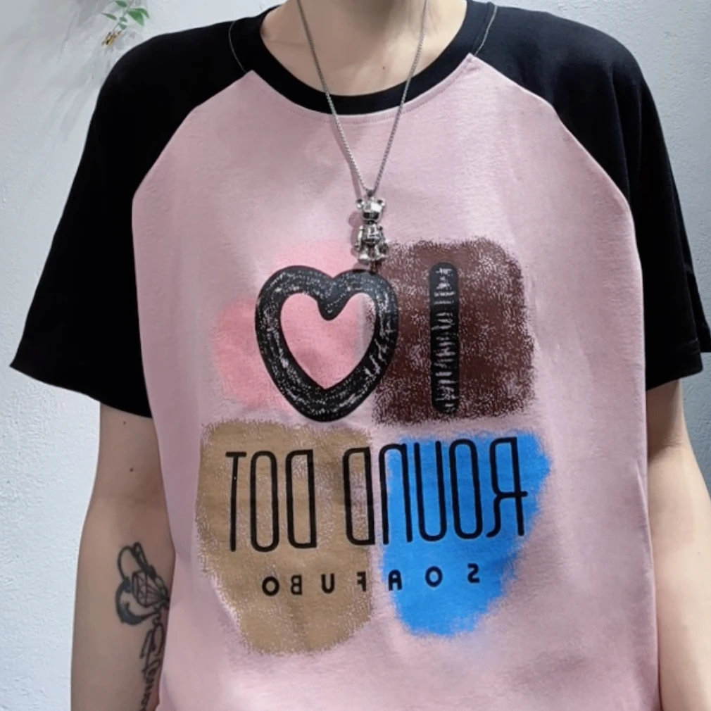 【惠风粉丝专享】dx623-彩色爱心短袖拼潮流插肩袖女洋气上衣