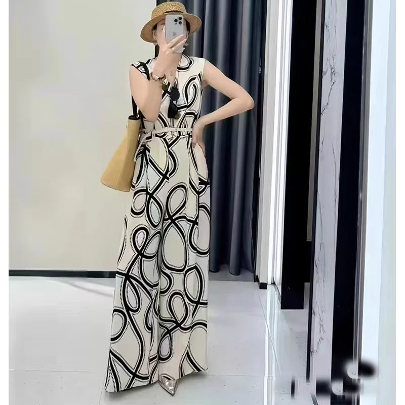 艾家2025夏季新款时尚百搭高腰显瘦腰带阔腿连体裤长裤女2805