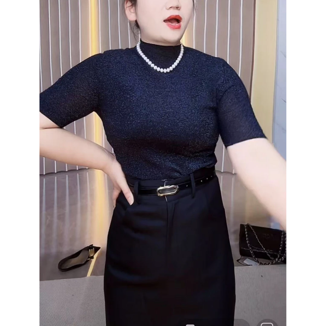 亮丝薄款时尚简约短袖夏季女装新款针织打底上衣