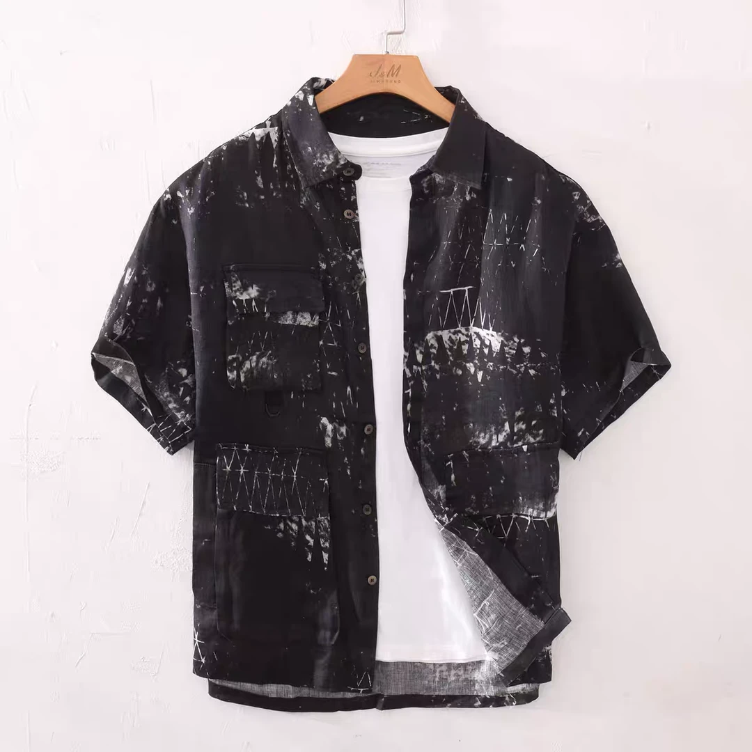 【100%亚麻】夏季潮流印花短袖衬衫男士个性休闲宽松薄款衬衣6700