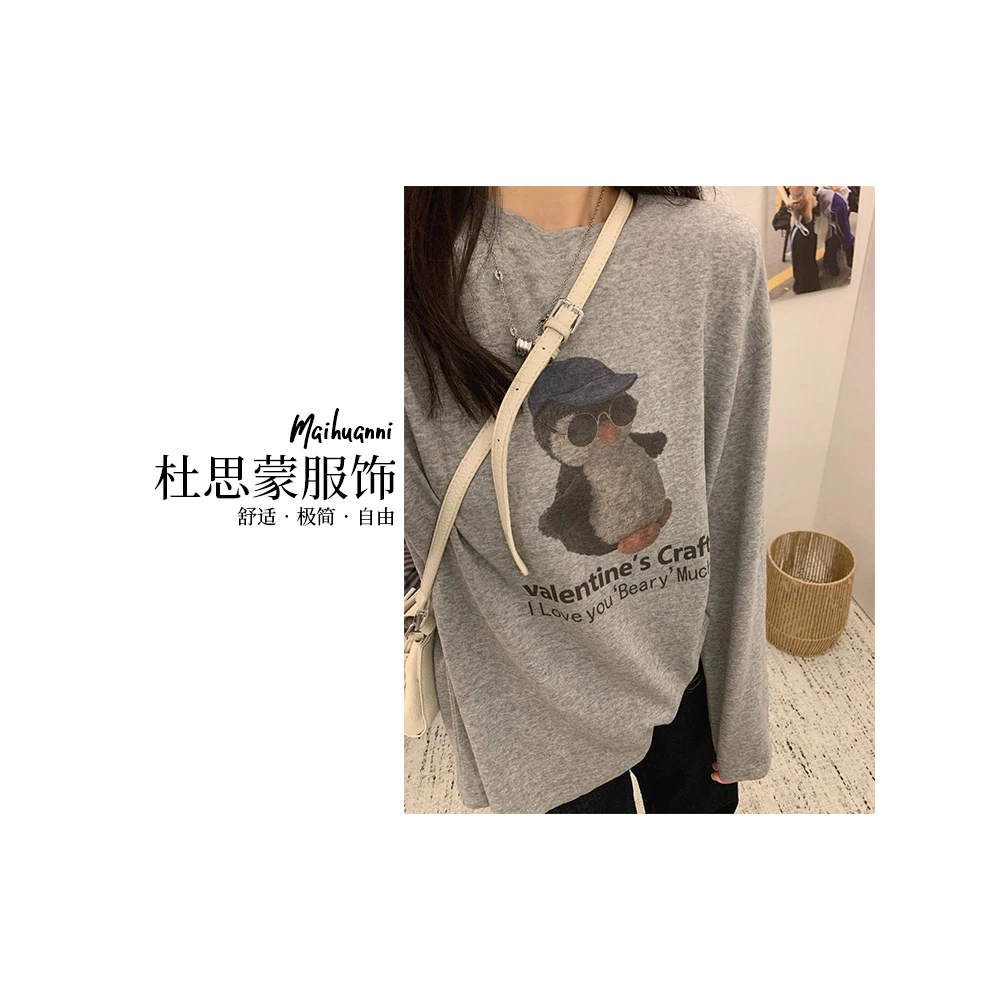 （杜思蒙服饰）A2295-“宝藏衣橱” 韩版休闲宽松印花企鹅长袖T恤