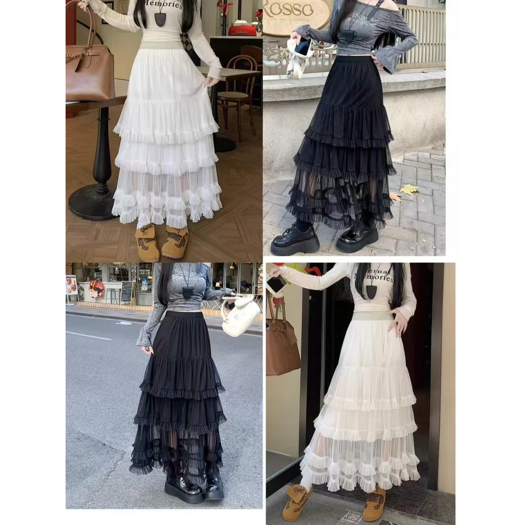 洋气超仙灰色网纱公主蛋糕长裙2025春季新款高腰垂感蓬蓬半身裙