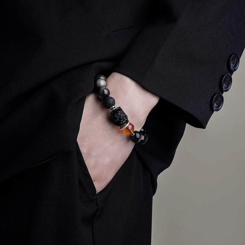 铜合金合成锆石手链 醒狮手串男生手链高级感潮流配饰小众百搭