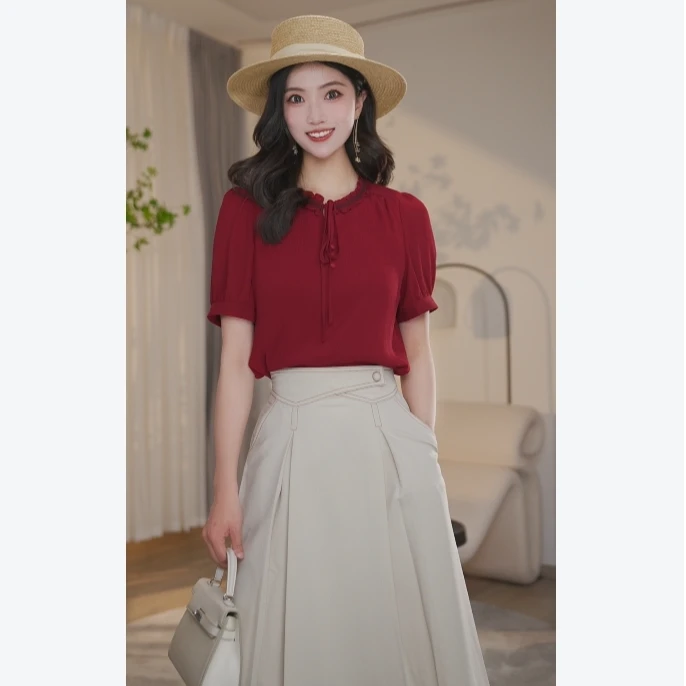 【婷婷甄选】25年休闲品质洋气爆款女短袖衬衫8592479酒红色