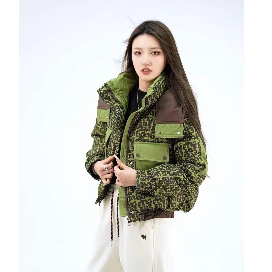 苹果绿印花拼色高级感棉服！2025冬季短款加厚面包服保暖外套潮服