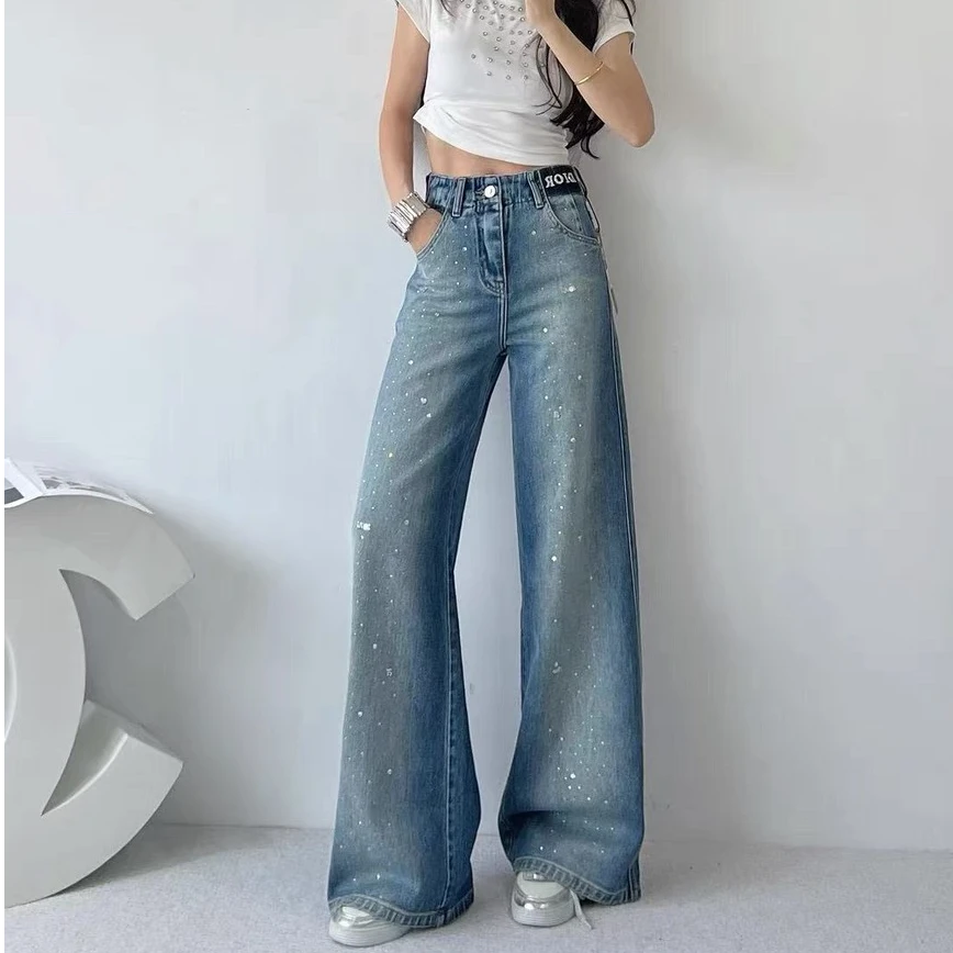 欧货烫钻牛仔裤女潮2025年春季新款高腰宽松显瘦做旧直筒阔腿长裤