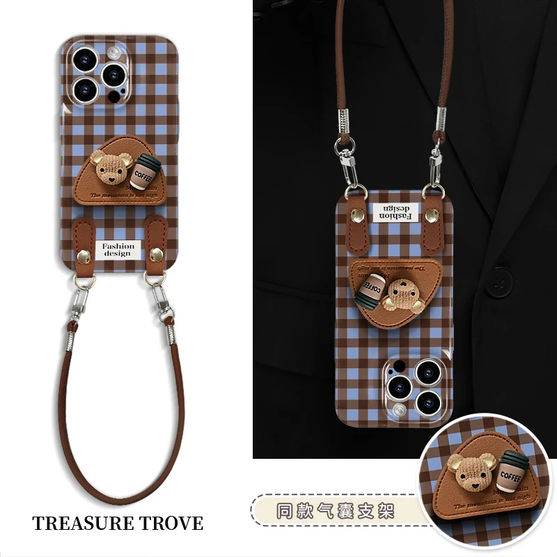 飞虎胜高级感棕蓝色格纹适用苹果16pro菲林手机壳华为小米vivoppo