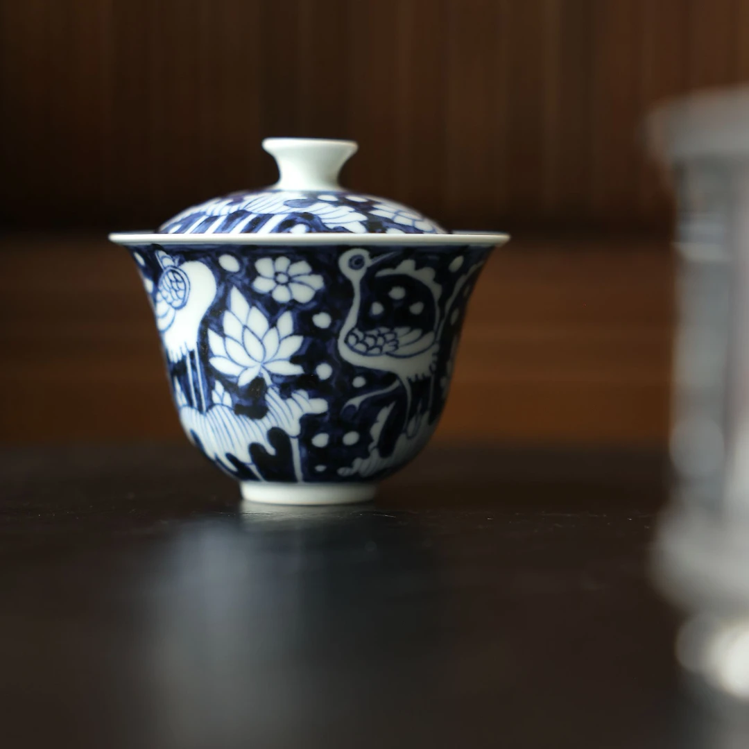 茶圈大魔王茶器景德镇纯手绘元岚堂元青花薄胎一鹭连科盖碗130cc