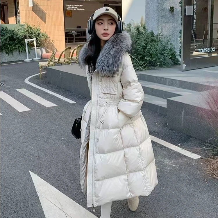 白鹅绒真毛领貉子毛300克加厚百搭中长款韩版收腰2024冬新款过膝