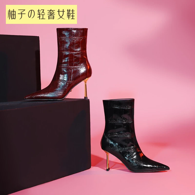 柚子轻奢/牛皮/7CM/气质时尚尖头细跟鳄鱼压花冬季新款中筒靴