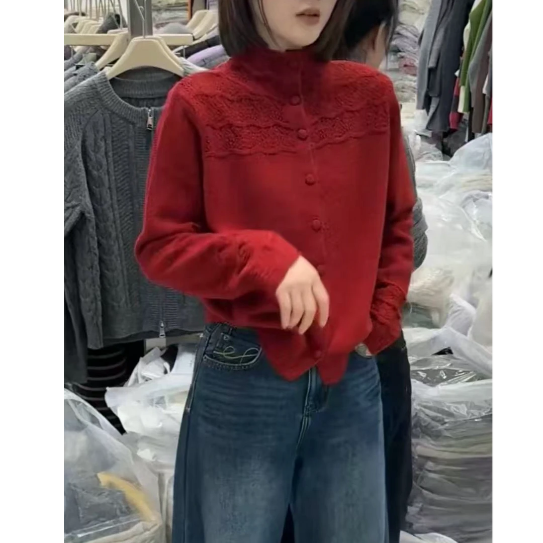【蜜爷家】秋冬钩花包扣半高领毛衣18755#