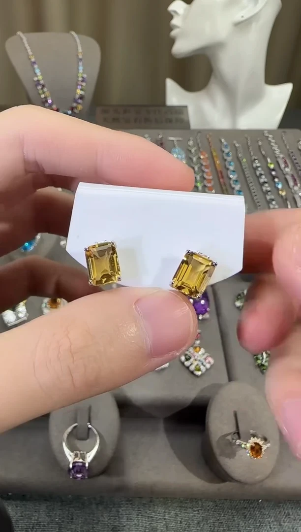 银S925镶嵌耳饰黄晶9*7mm耳钉简约款