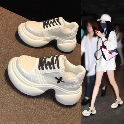 牛皮赵露思同款厚底鞋增高涟漪松糕十字花老爹鞋女2025运动鞋女潮