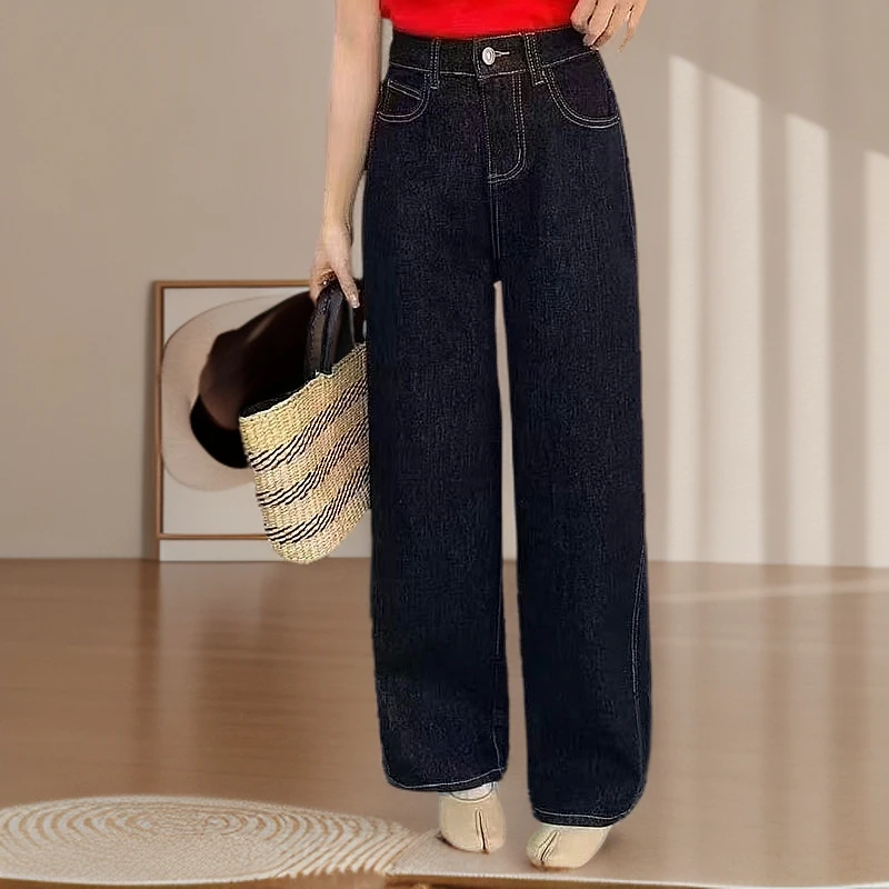 9253春季新款时尚百搭水洗高腰直筒裤长裤宽松微弹弯刀拖地牛仔裤