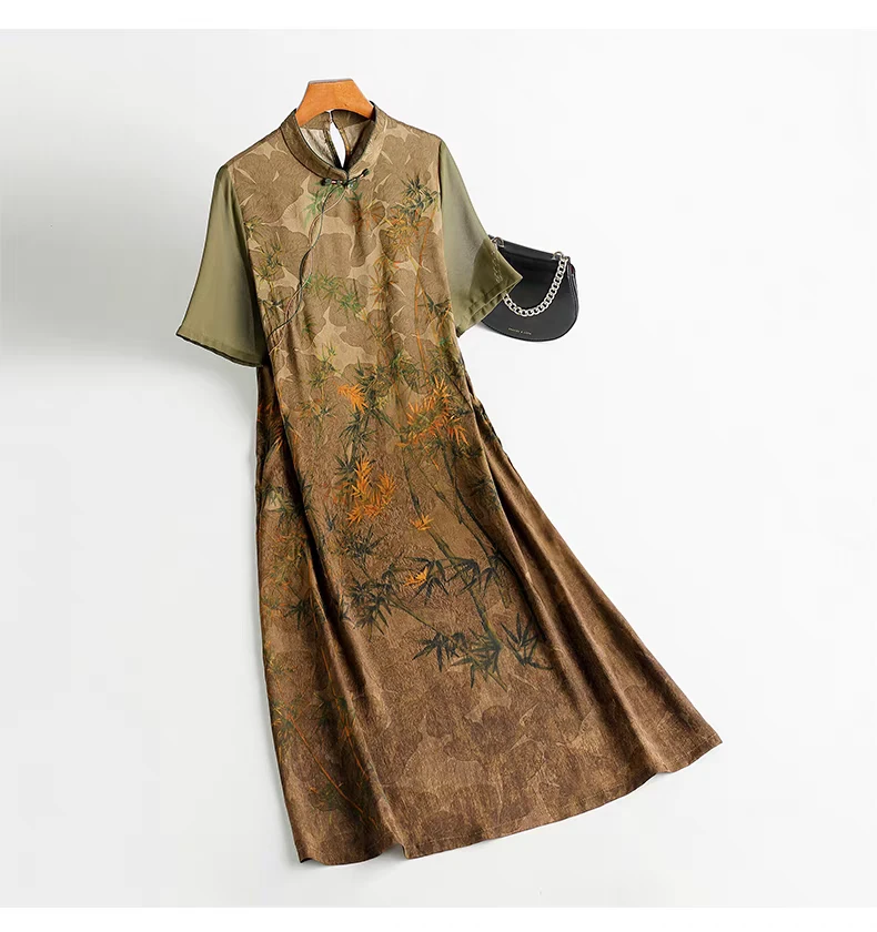 高端香云纱真丝新国风连衣裙女中老年洋气妈妈夏装桑蚕丝长裙子