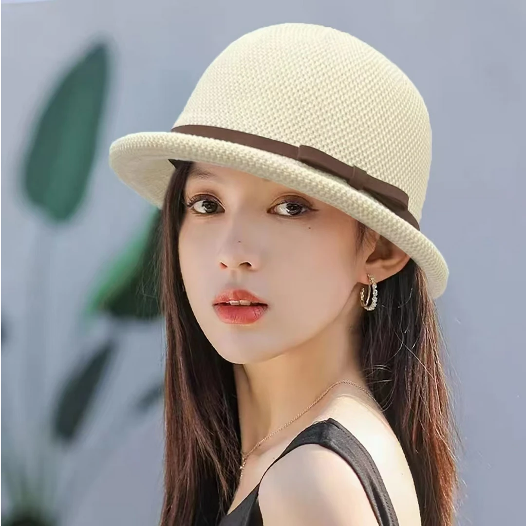 2025春夏新款法式针织礼帽皮扣女帽子优雅气质百搭遮阳防晒可折叠