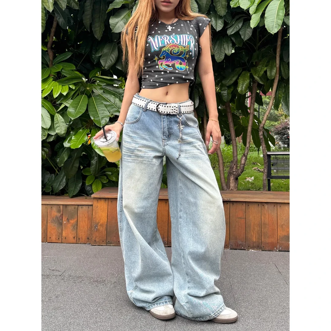 美式复古刺绣弯刀裤牛仔裤女夏季高腰宽松直筒阔腿拖地镰刀长裤子