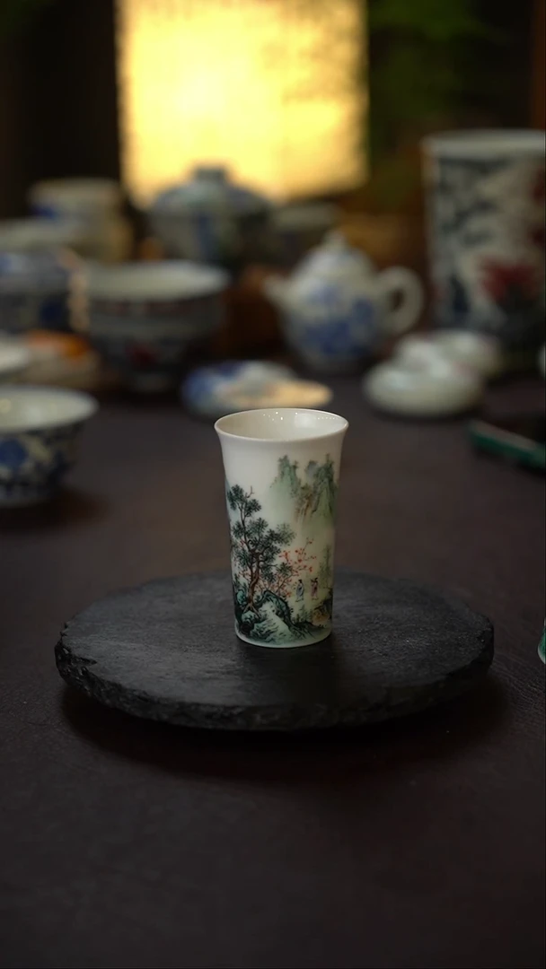 王钢全手工手绘青绿山水闻香杯