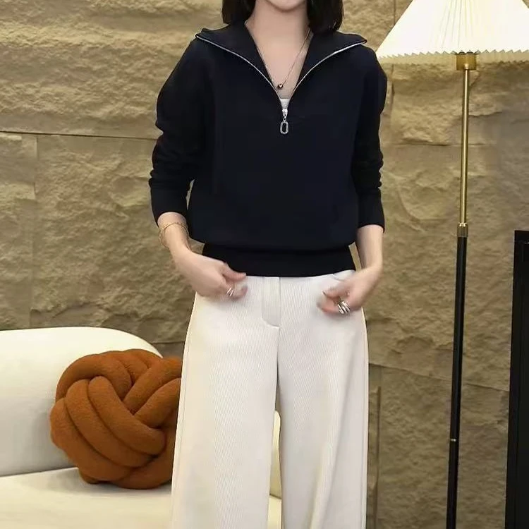 黑色半拉链冬季新款翻领半拉链针织衫上衣女内搭抗起球毛衣潮流