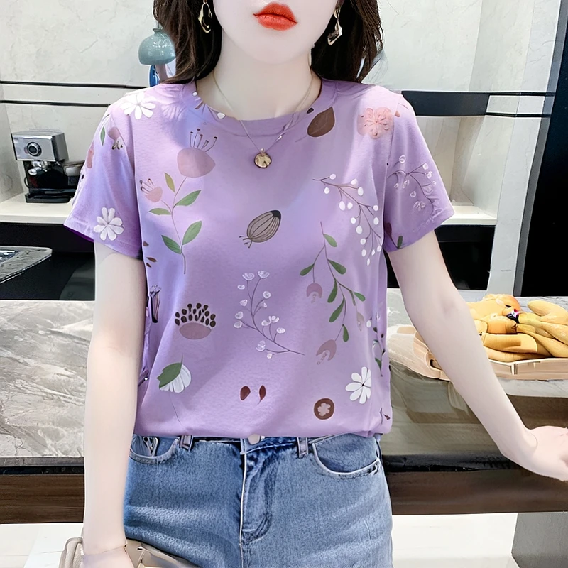 衣服女2025新款爆款印花短袖T恤女洋气显瘦气质女士上衣遮肚夏季